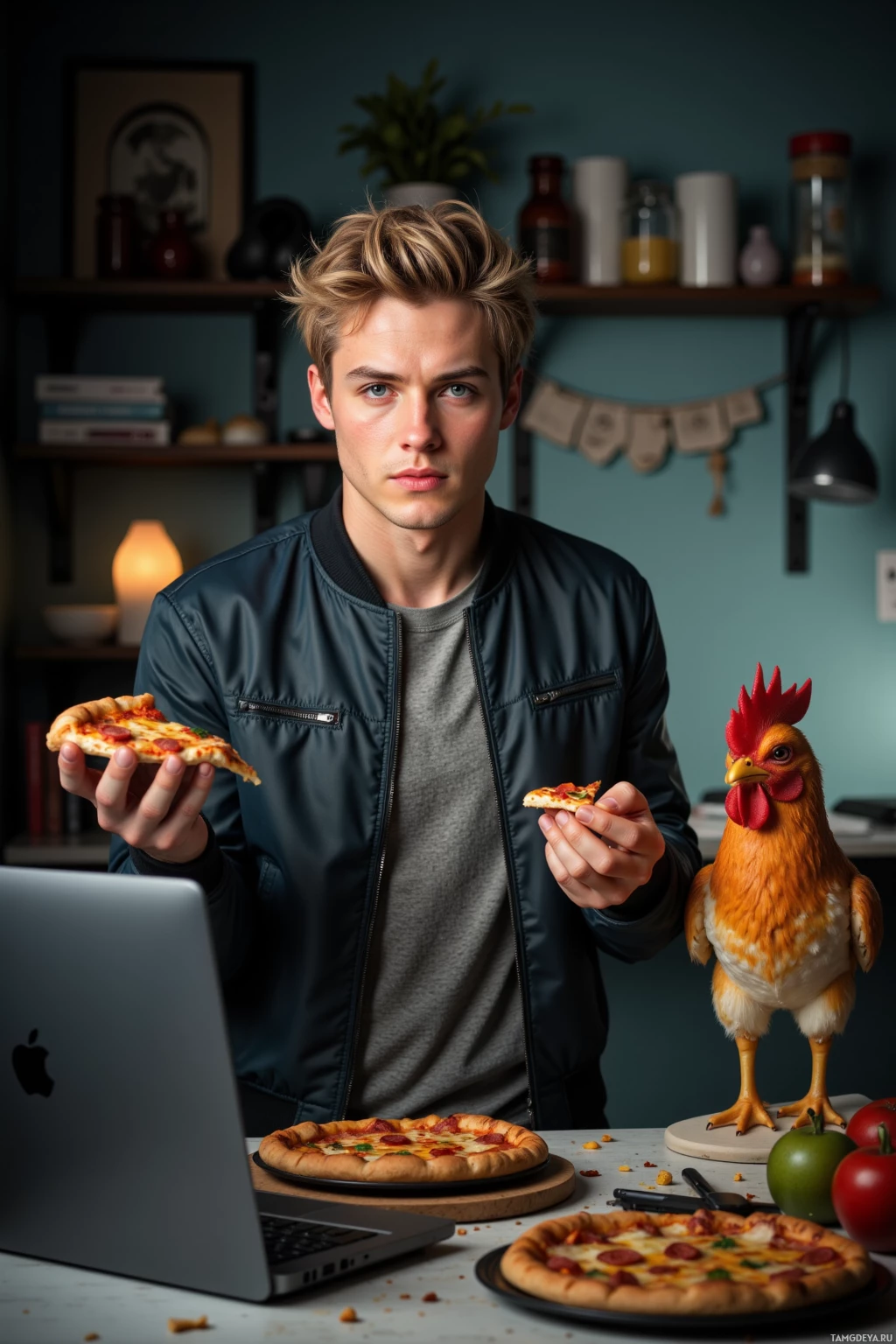 A person holds a pizza slice with a rooster figurine and a laptop on the table.