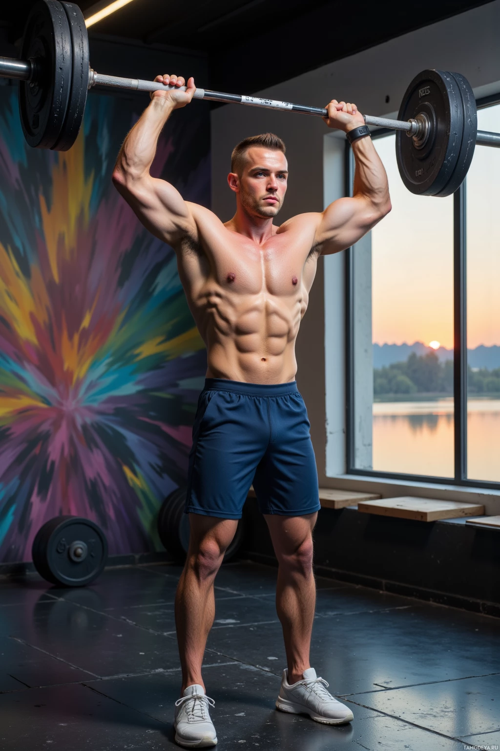 A muscular man lifting a barbell in a gym.