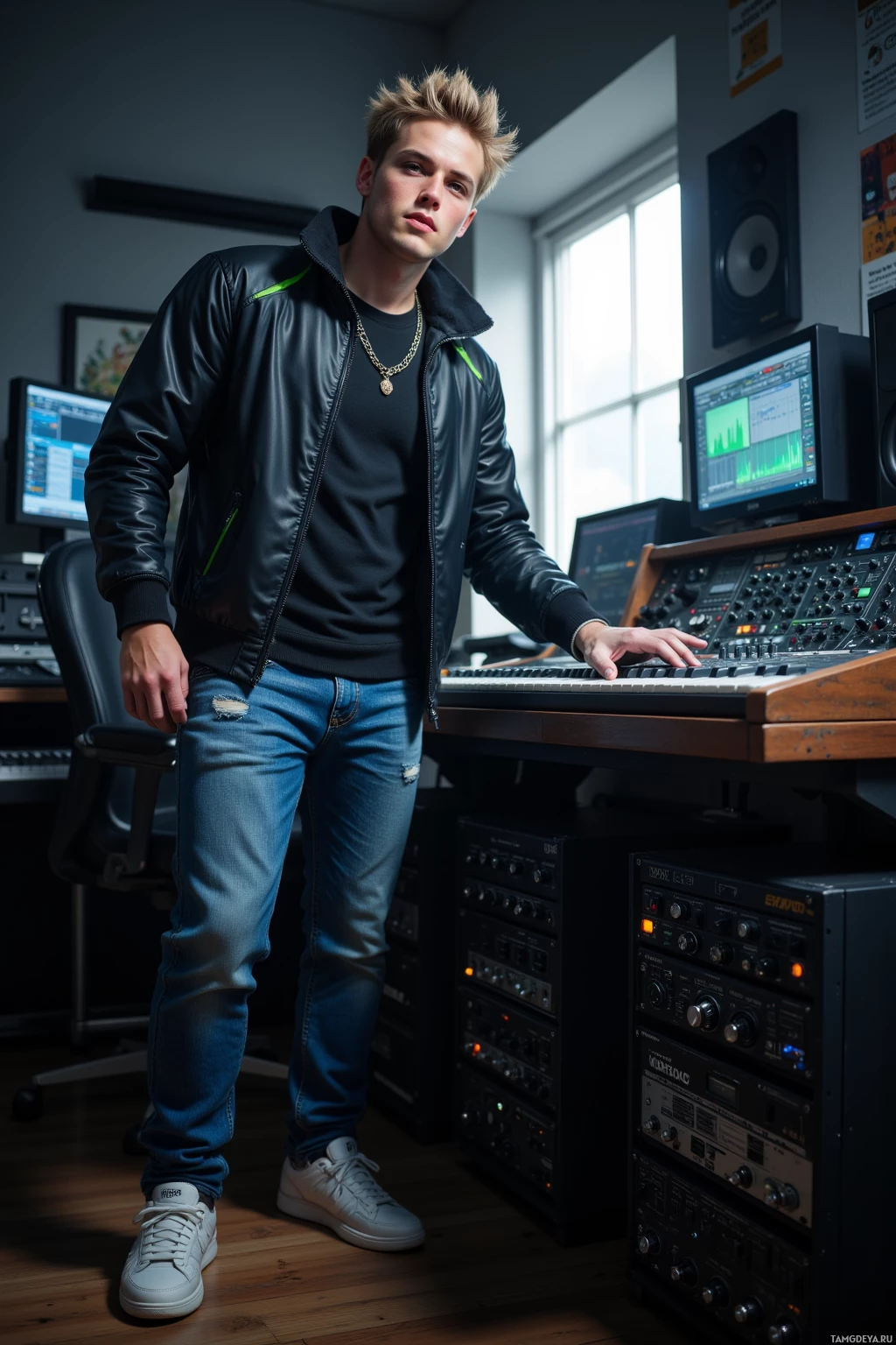 A young man stands in a music studio, wearing a black jacket and jeans, with a keyboard and audio equipment in the background.