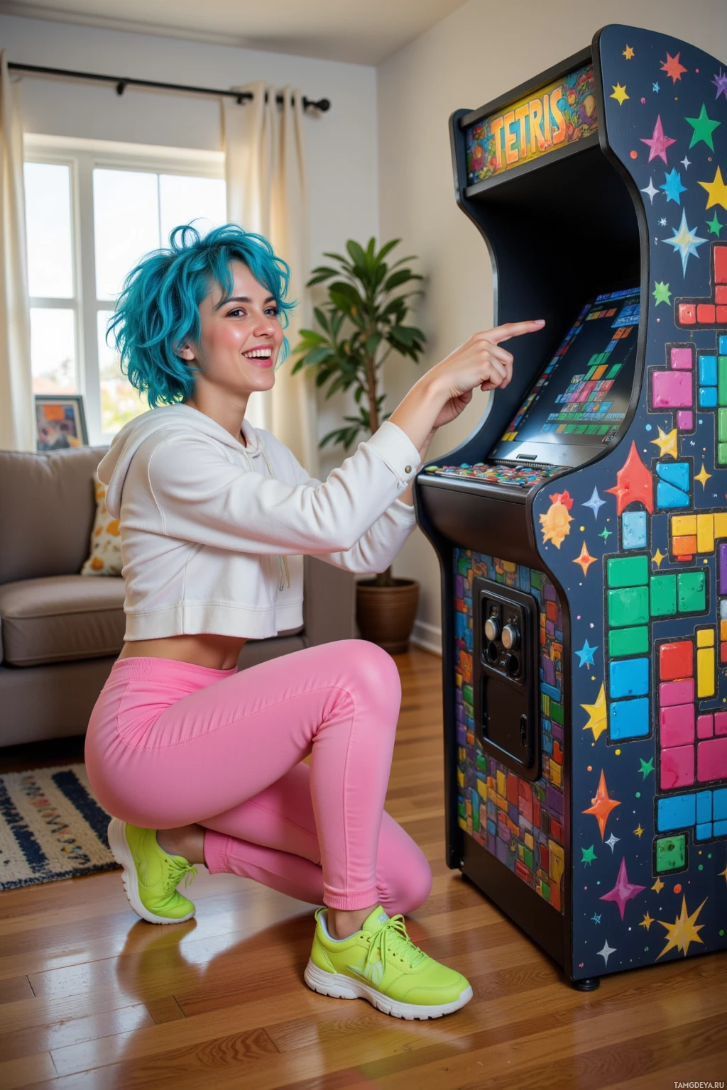 A person with blue hair plays Tetris on a retro arcade machine in a cozy living room.
