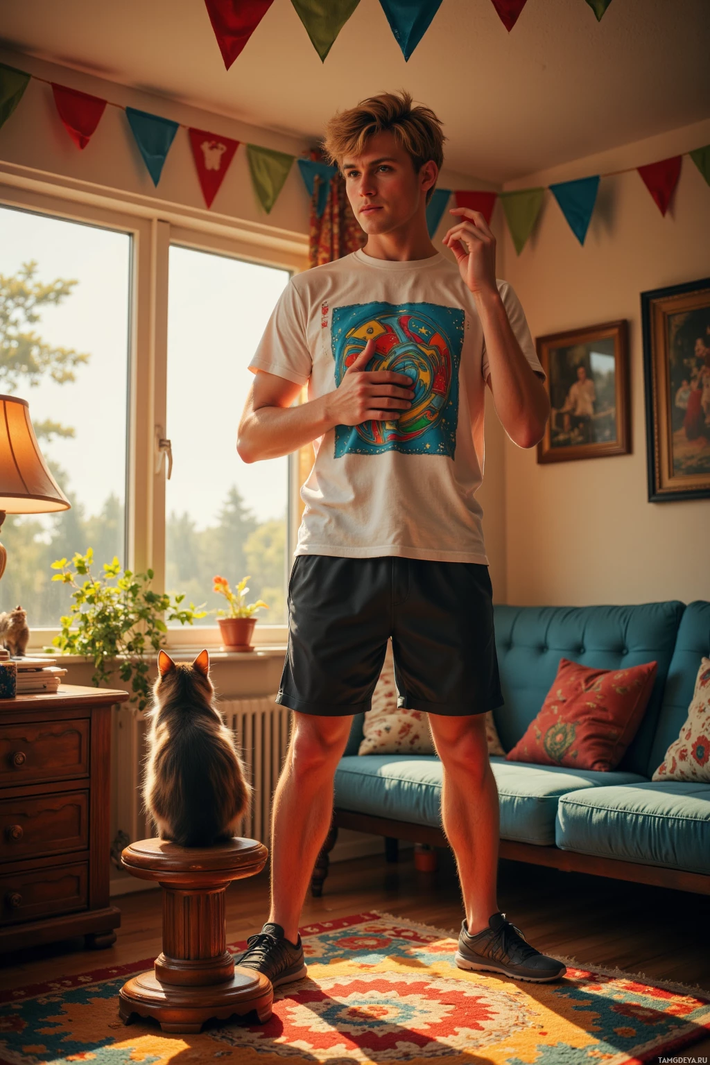 A young man stands in a brightly lit room, wearing a white t-shirt and dark shorts, with a cat perched on a stool nearby.