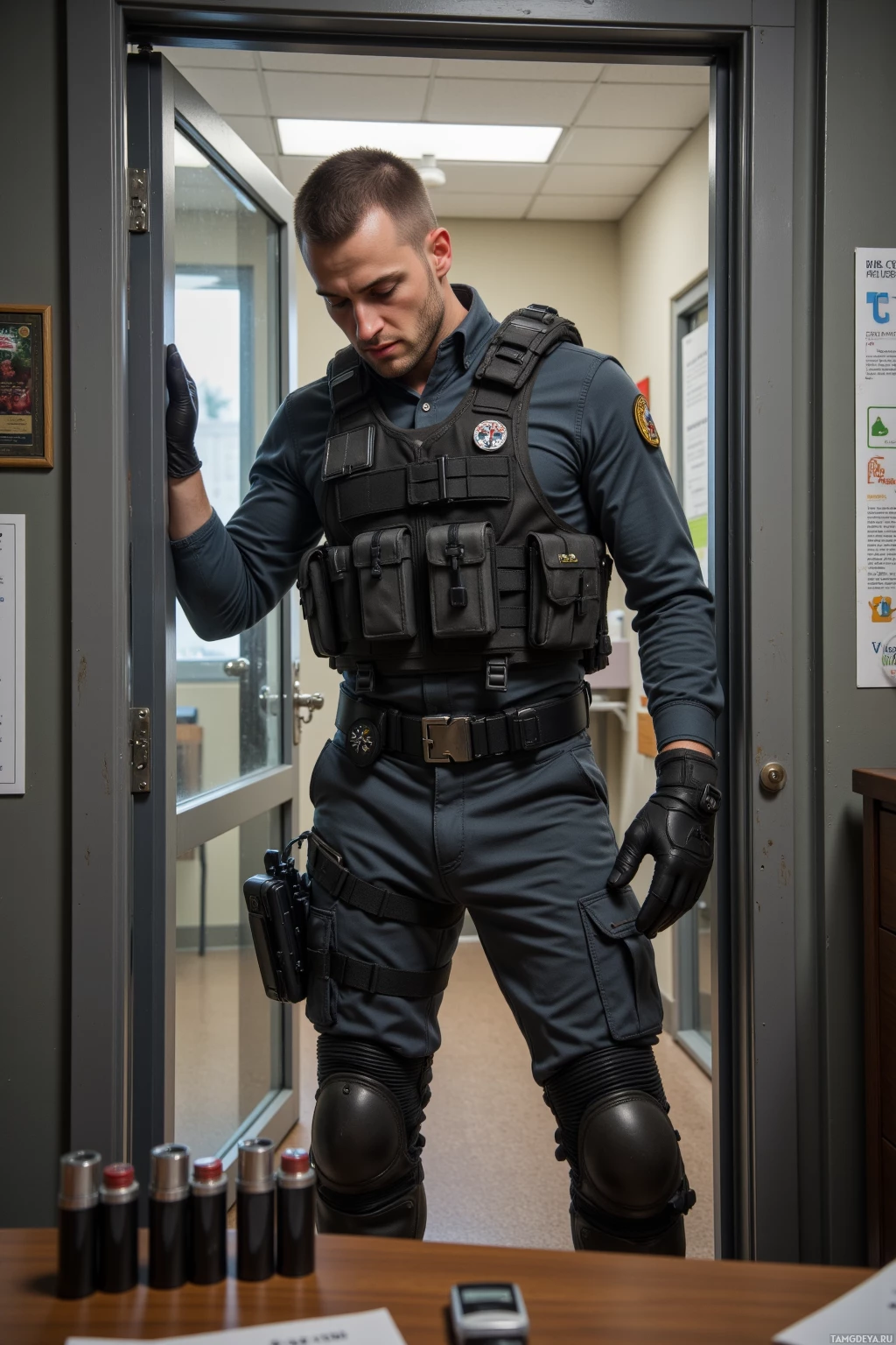 A person in tactical gear stands in a doorway, wearing a vest and gloves.