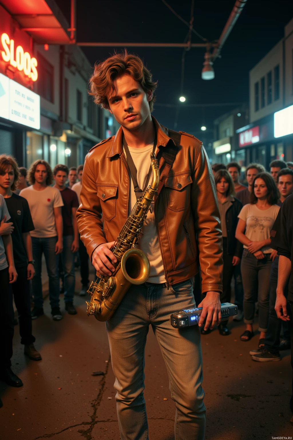 A man in a leather jacket holds a saxophone while standing on a street at night.