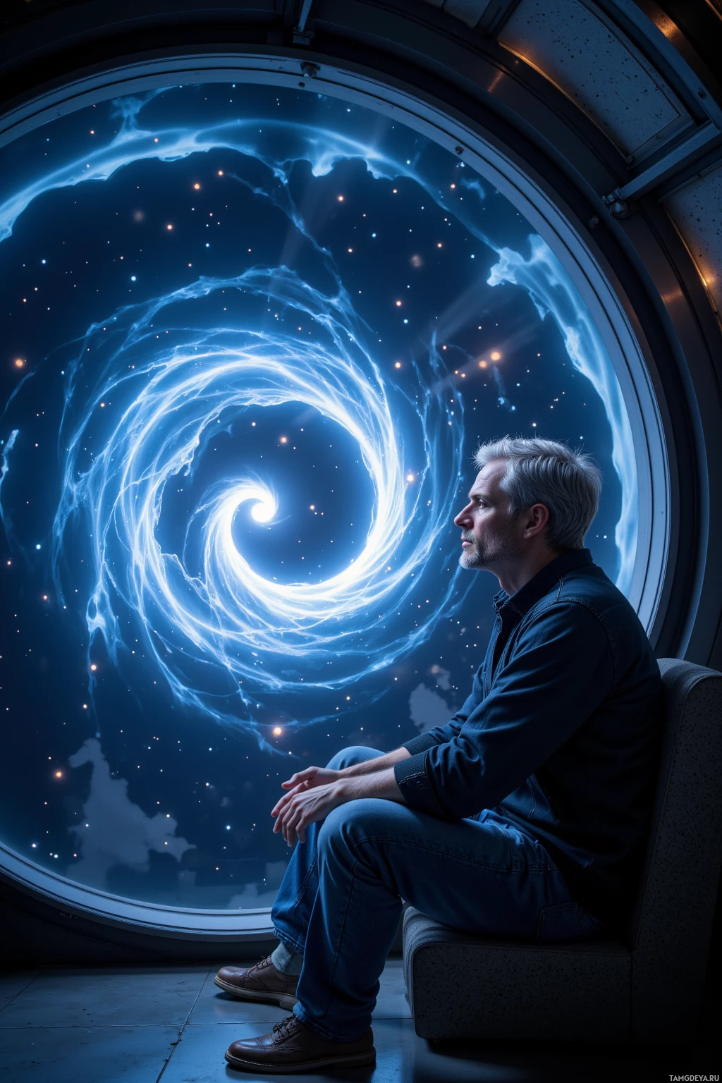 A man sits contemplatively in a spaceship, gazing out at a swirling cosmic vortex.