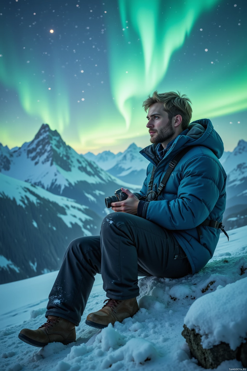 A person in winter clothing sits on snow, holding a camera, with a backdrop of mountains and the aurora borealis.