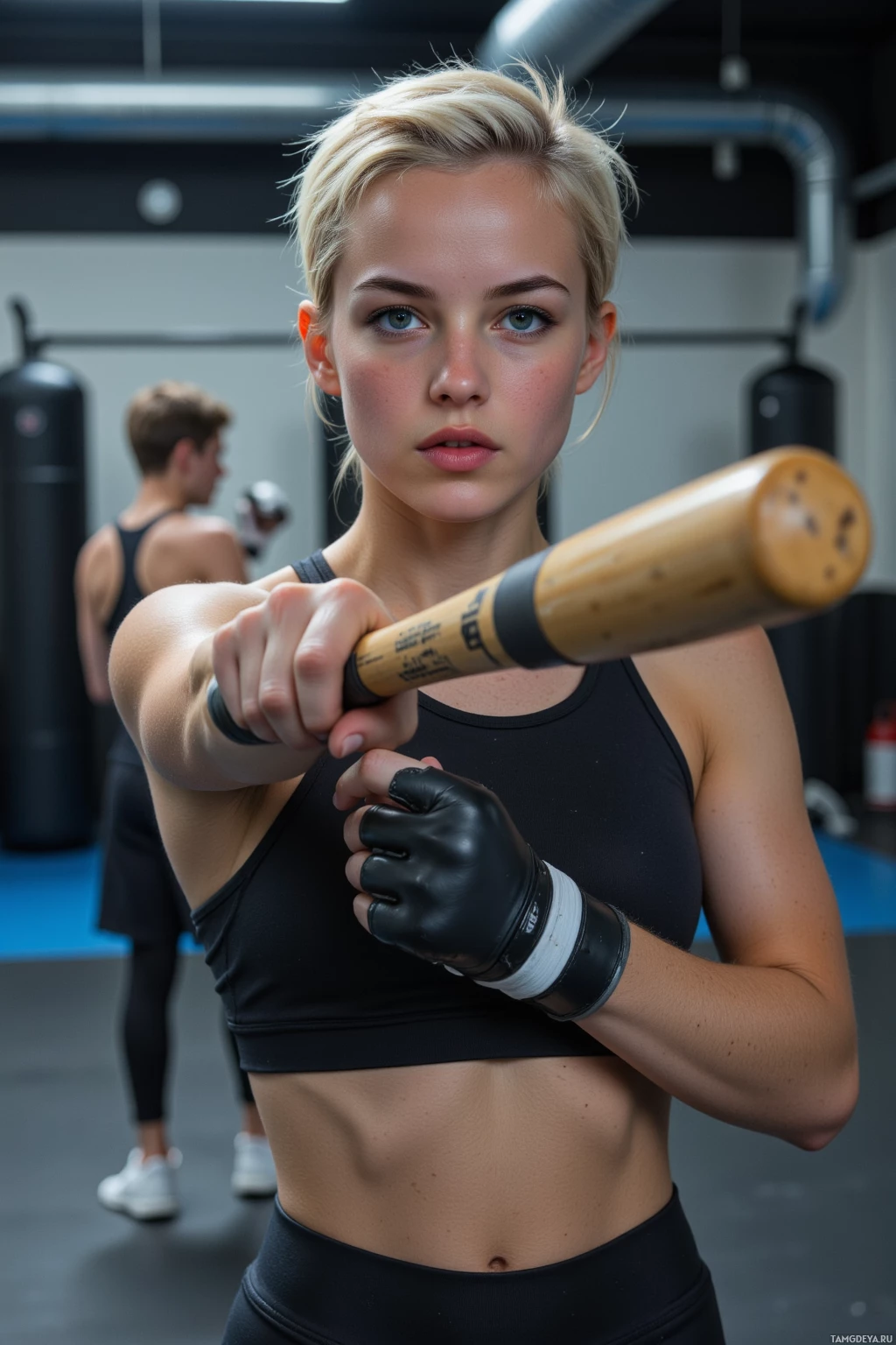 A woman in a gym holds a wooden baton in a fighting stance.