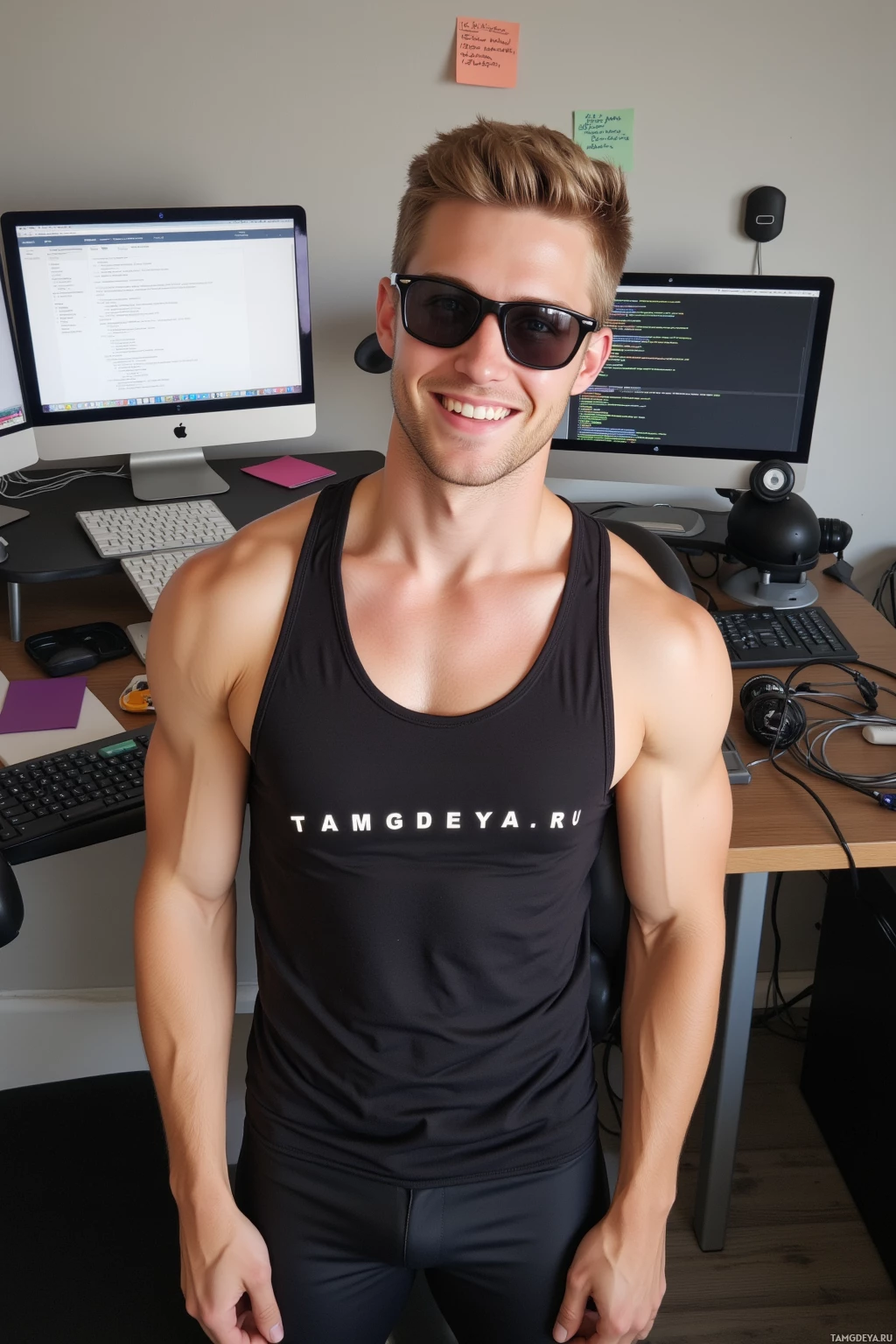 A person in a black tank top stands in front of a desk with a computer setup.