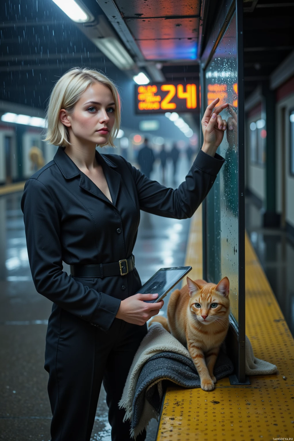A woman in a black outfit stands on a subway platform, holding a tablet, with a cat sitting on a blanket nearby.