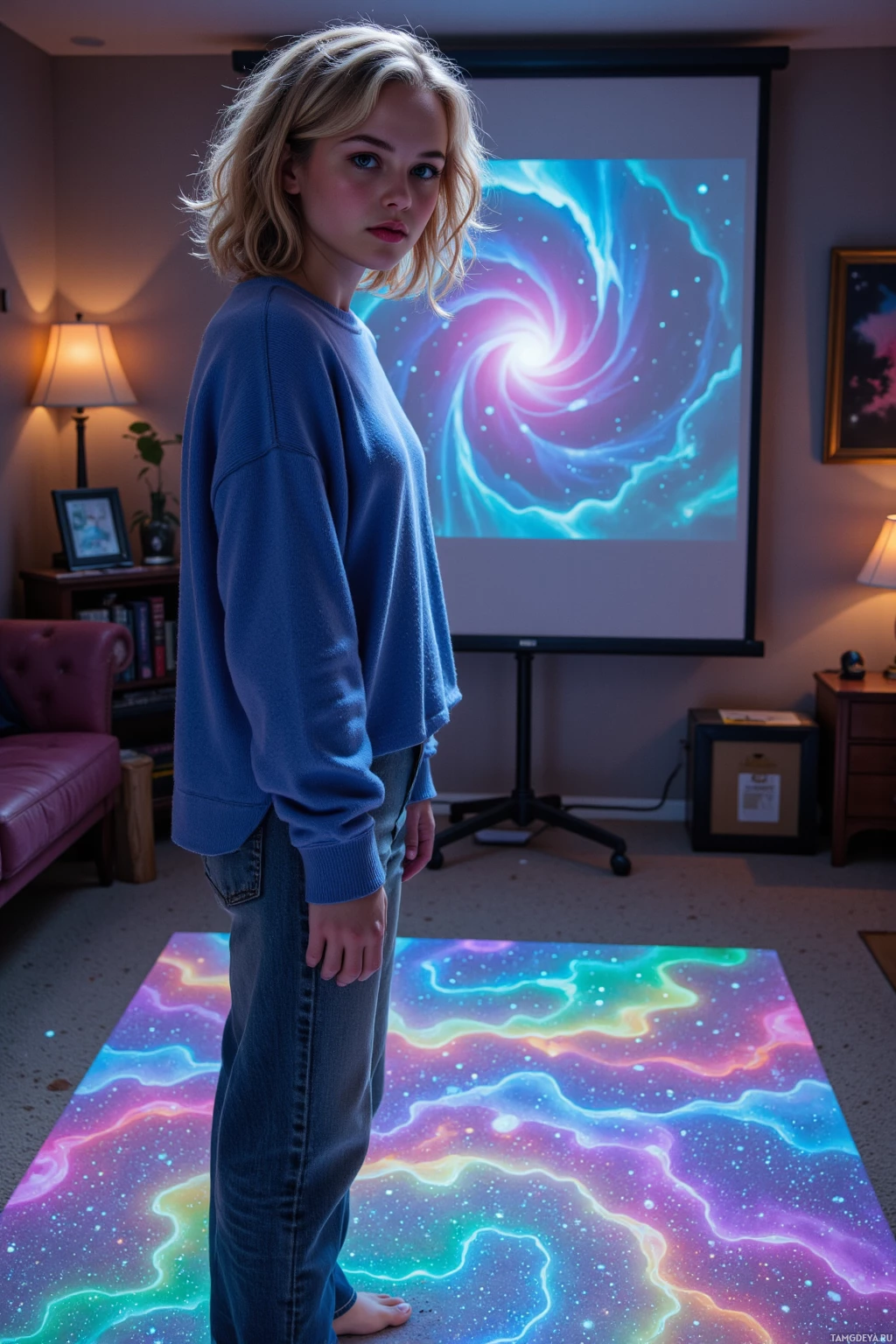 A person stands in a room with a colorful, swirling projection on the floor and a large screen displaying a similar pattern in the background.