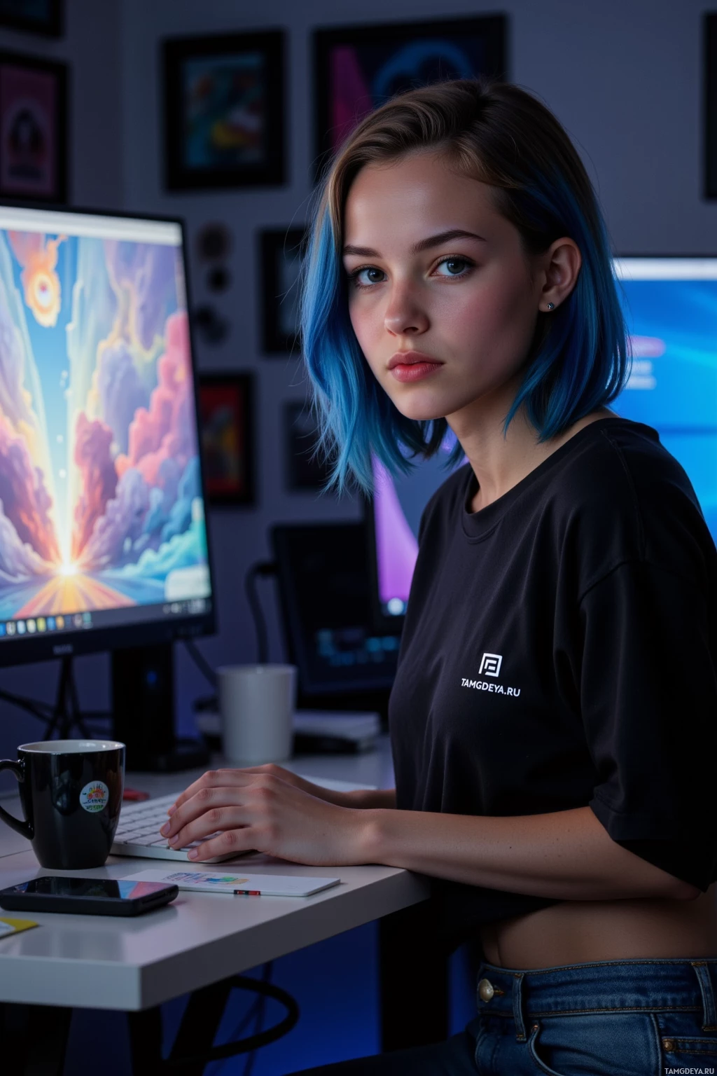 A person with blue hair sits at a desk in front of a computer monitor, wearing a black T-shirt and jeans.