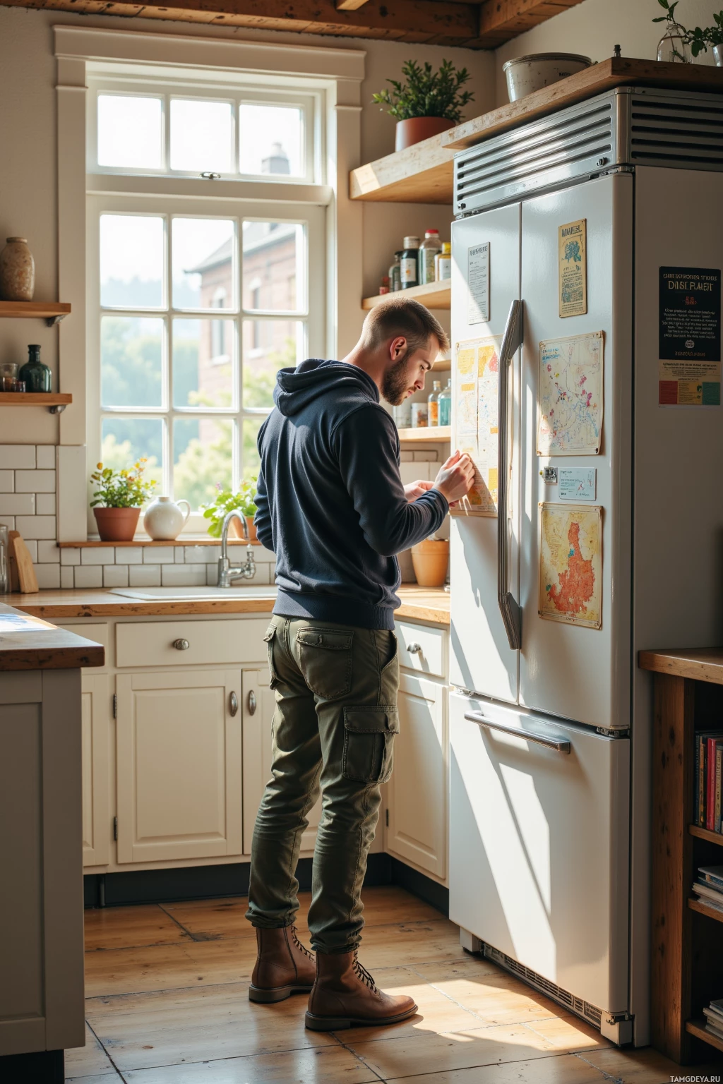 A man stands in a kitchen, looking at a refrigerator.