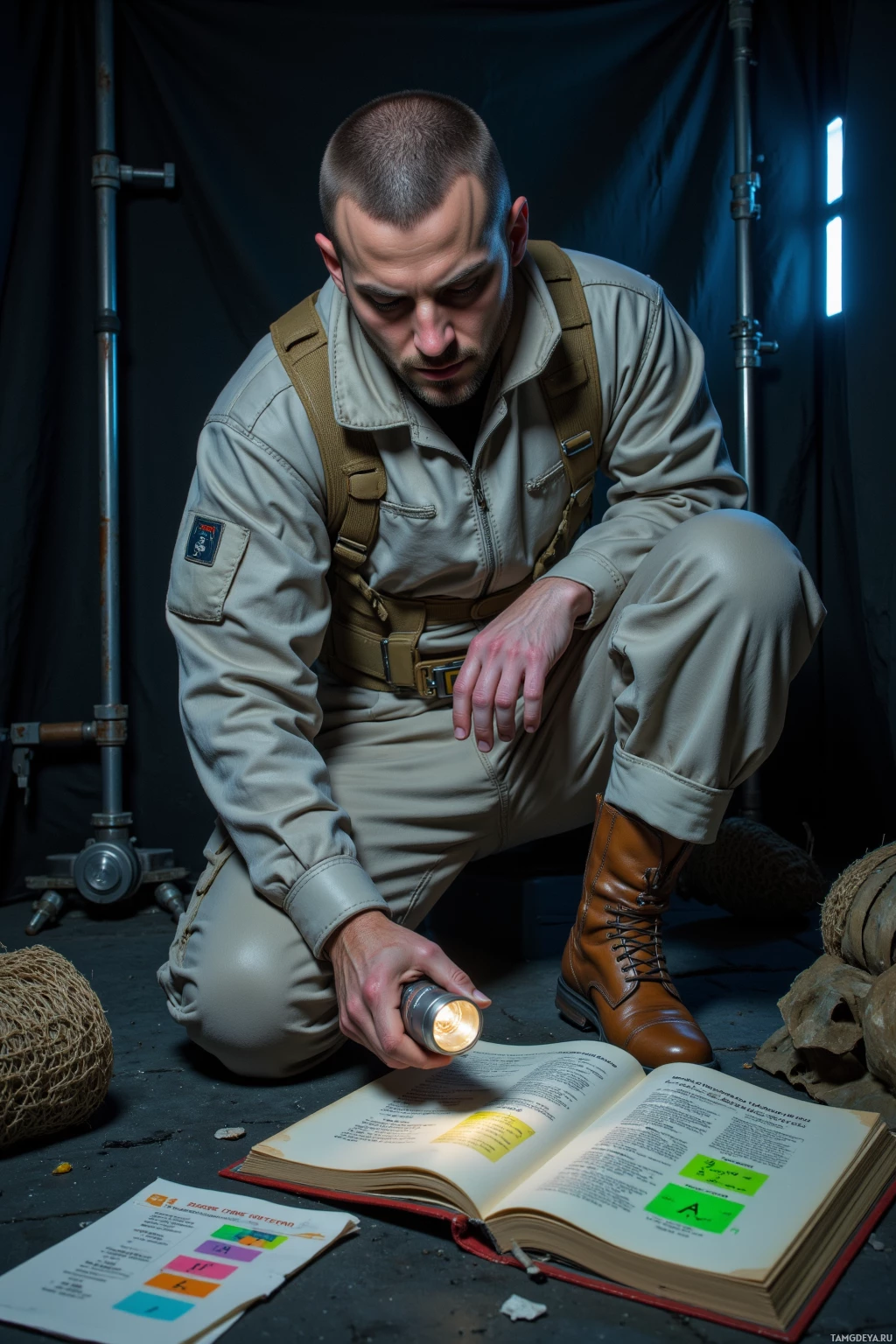 A man in a beige uniform kneels, examining a book with a flashlight.