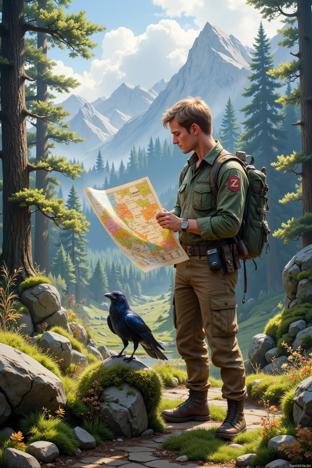 A man in a green uniform stands in a forested mountain landscape, holding a map and looking at it.