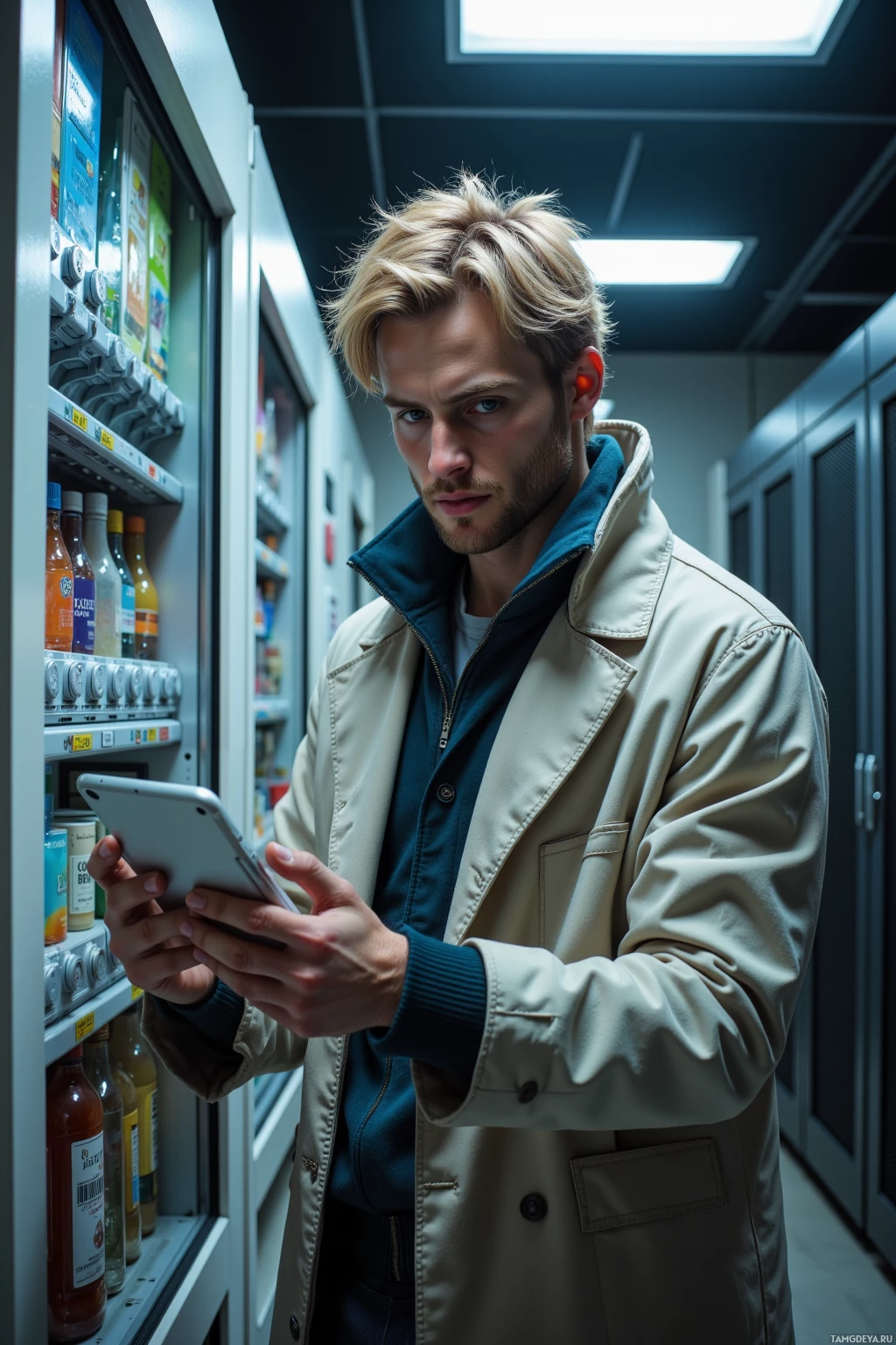 A man in a beige coat stands in a vending machine aisle, holding a tablet.