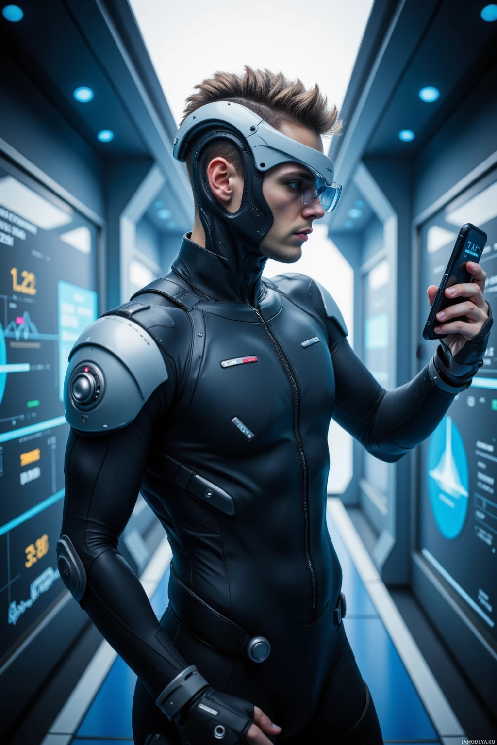 A person in a futuristic suit and helmet is holding a smartphone in a high-tech environment.