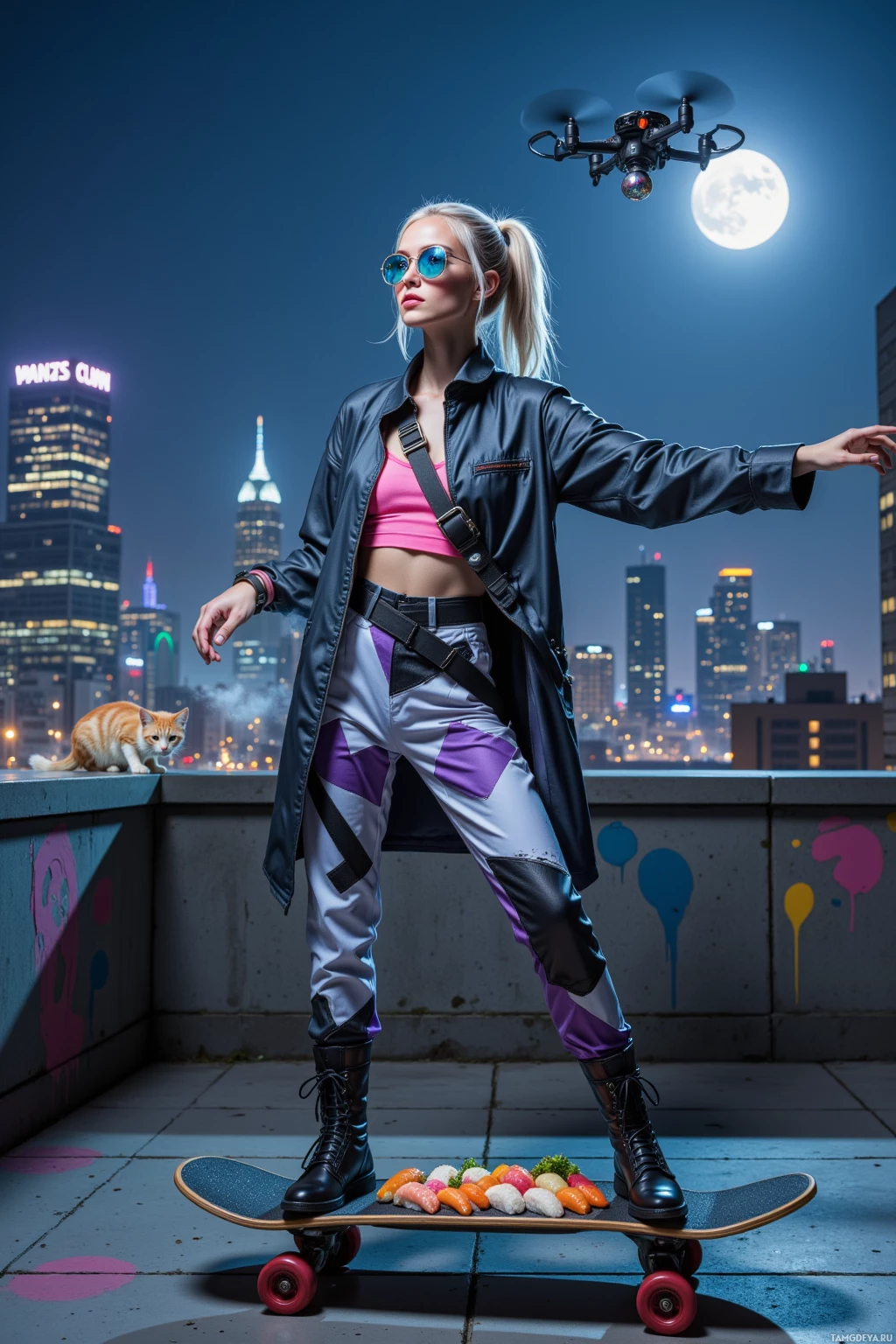 A person stands on a skateboard with sushi on it, in front of a cityscape at night.