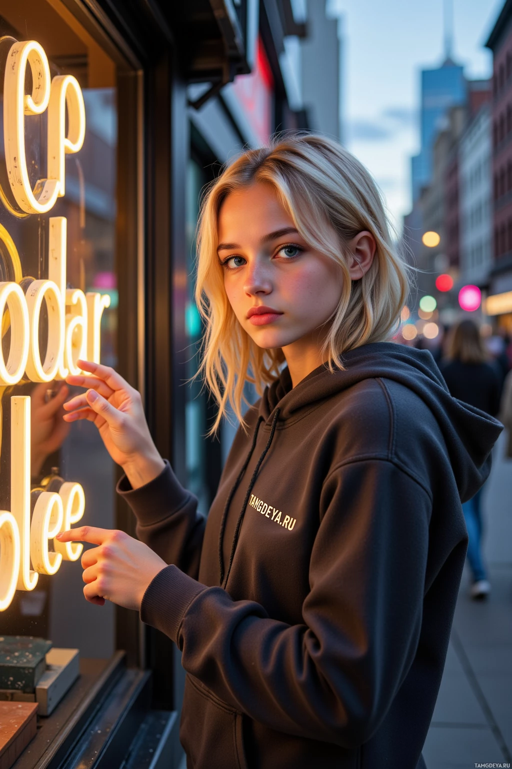 A person in a hoodie stands in front of a neon sign, pointing at it.