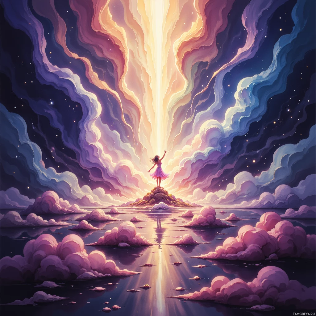 A serene night scene with a glowing figure standing on a cloud island, surrounded by ethereal clouds and stars.