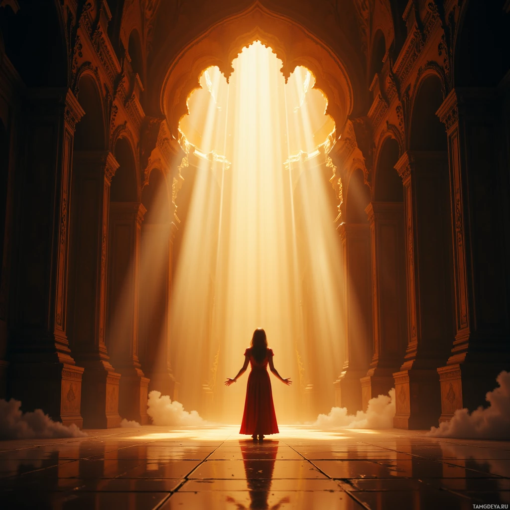 A woman in a red dress stands in a grand, sunlit hall with arched windows.