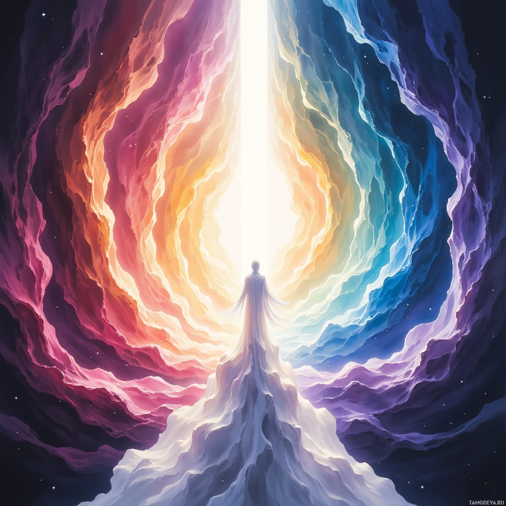 A figure stands at the entrance of a vibrant, swirling portal leading to a bright light.