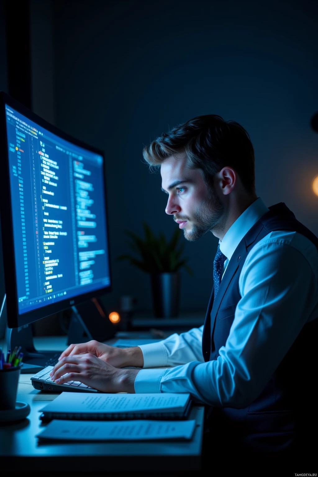 A man in a suit is working on a computer in a dimly lit office.
