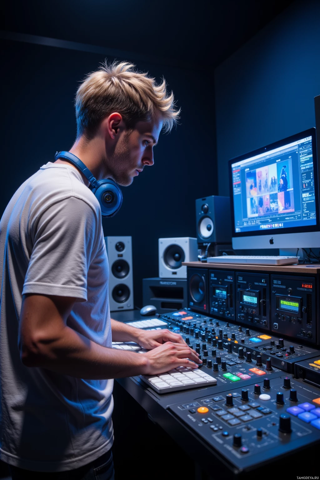 A person wearing headphones is working at a music production setup with a computer, speakers, and a mixing console.