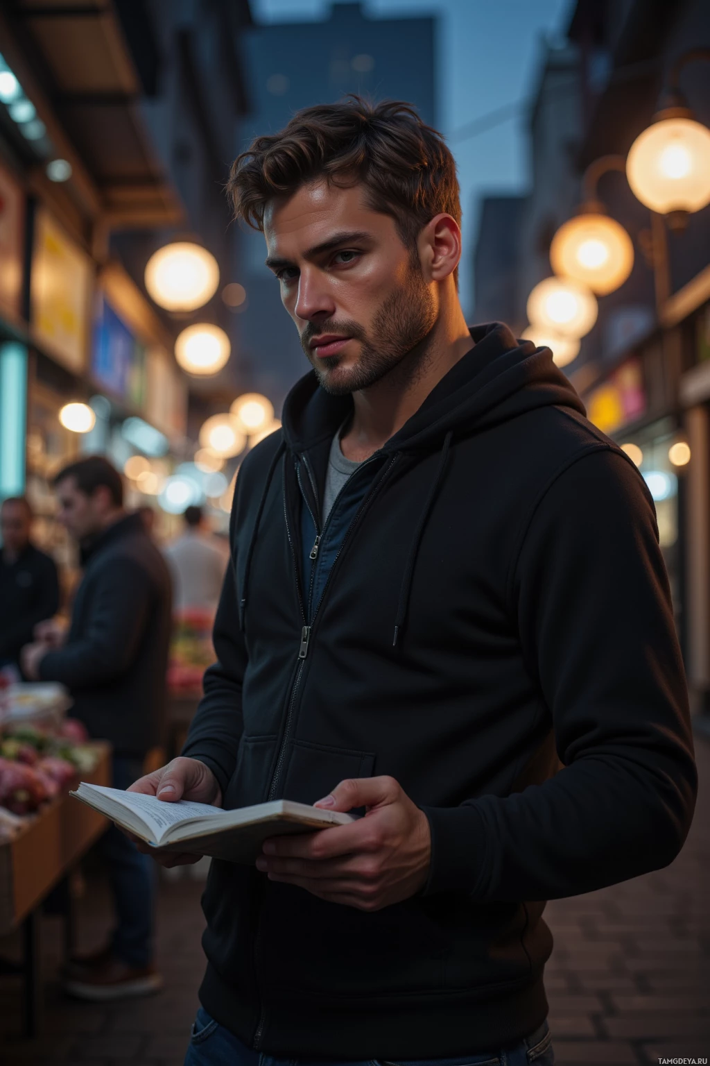 A man in a black hoodie stands in a dimly lit alley, holding an open book.