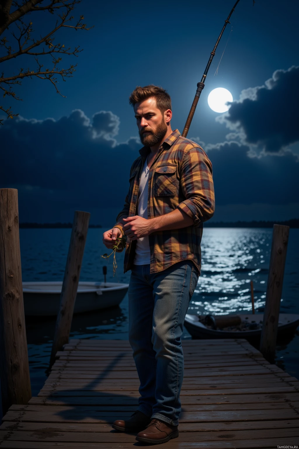 A man stands on a dock by a lake under a full moon, holding a fishing rod.