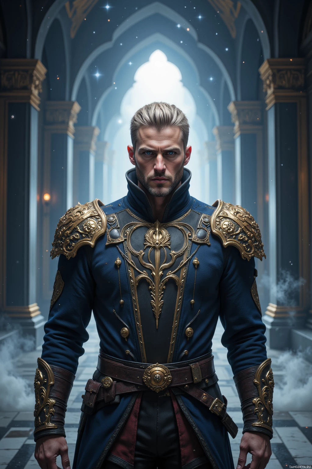 A man in ornate, medieval-style armor stands in a grand, dimly lit hall.