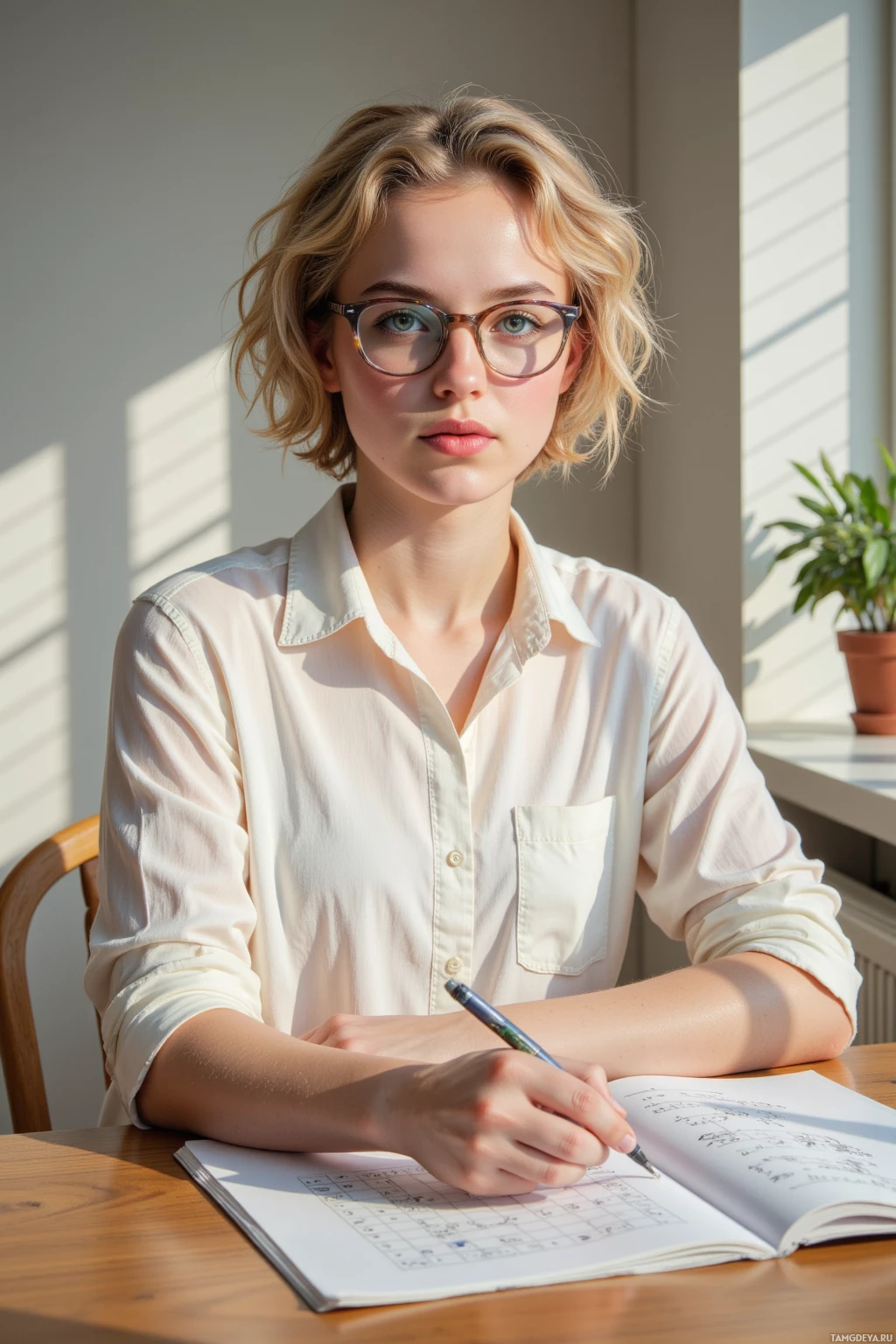 A person wearing glasses sits at a desk with a notebook and pen, appearing focused.