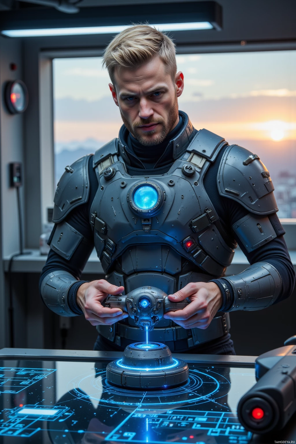 A person in futuristic armor interacts with a high-tech console.