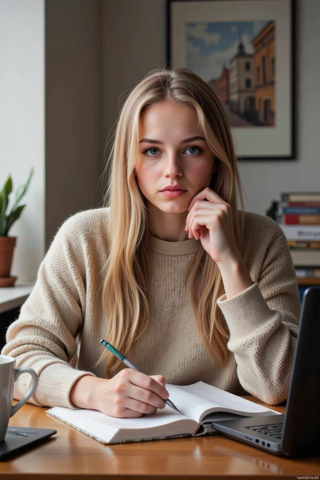 A person is sitting at a desk, writing in a notebook with a pen, surrounded by books and a laptop.