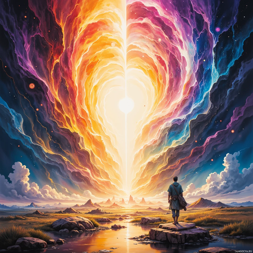 A lone figure stands on a rock, gazing at a vibrant, cosmic portal in the sky.