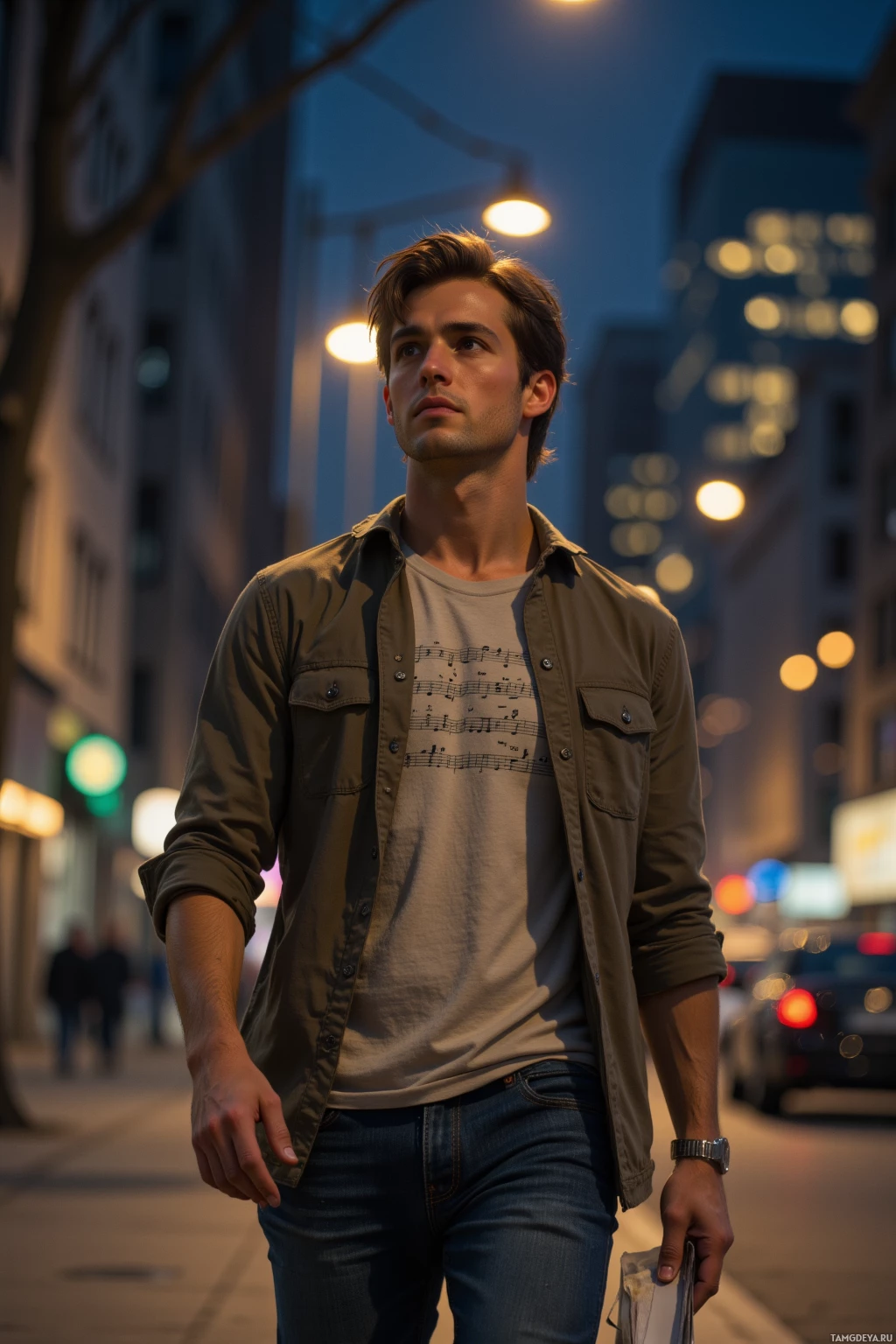 A man walks down a city street at night, wearing a button-up shirt and jeans.