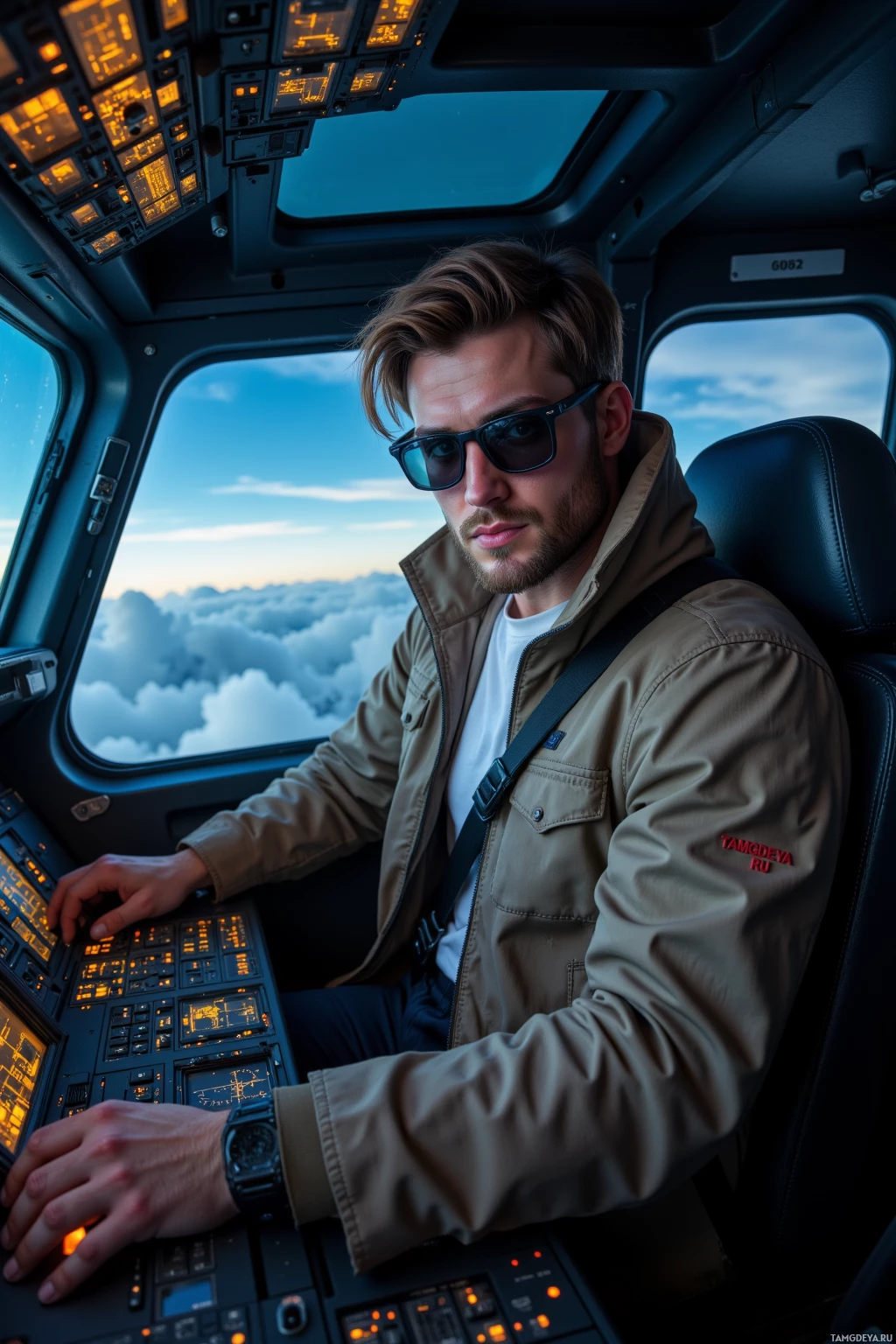 A pilot sits in a cockpit, wearing sunglasses and a jacket, with a view of clouds outside.
