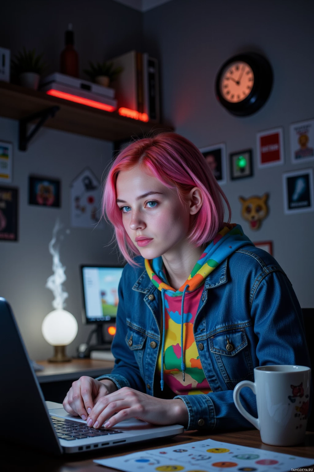 A person with pink hair works on a laptop in a cozy, well-decorated room.