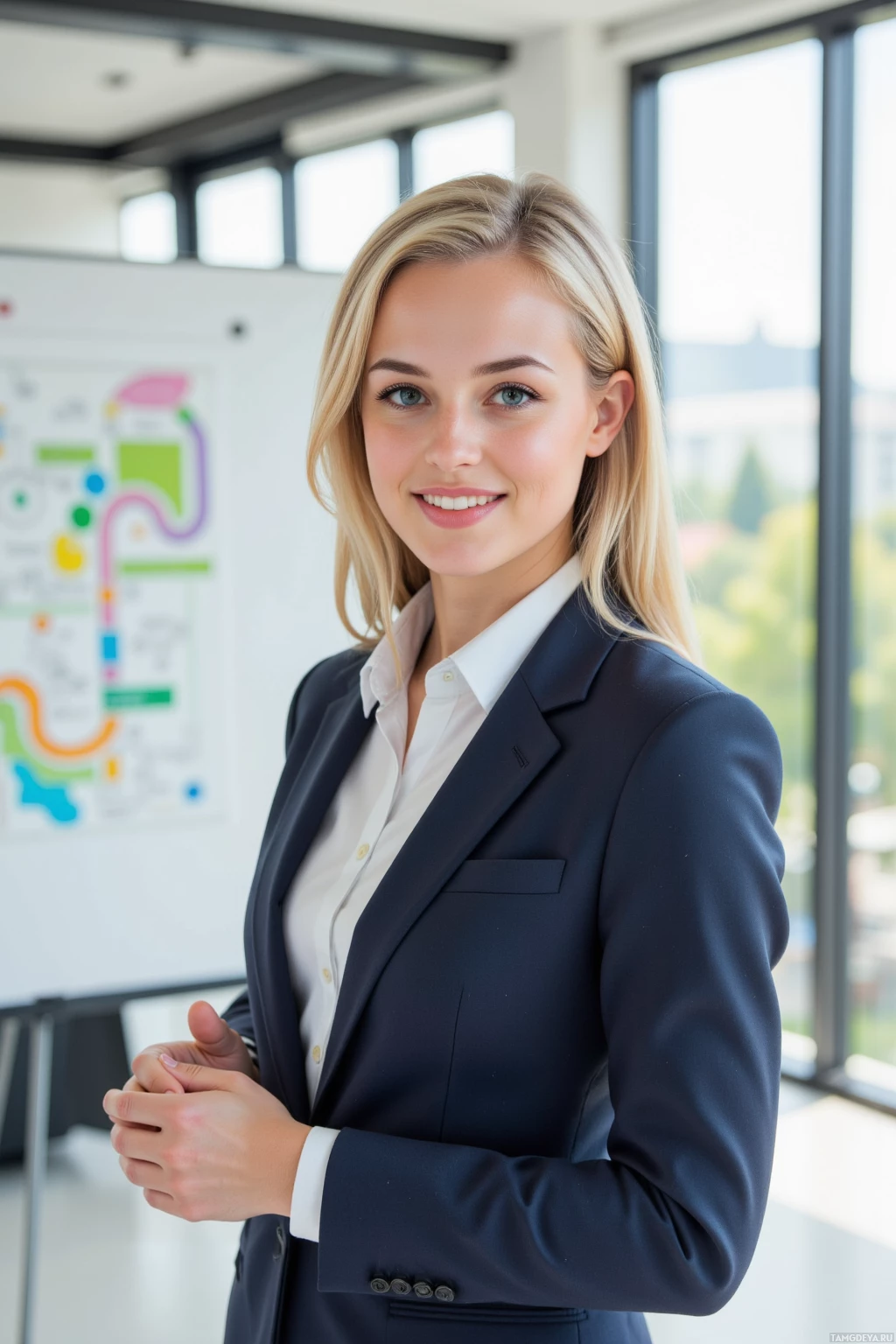 A professional woman in a business suit stands in a modern office setting.