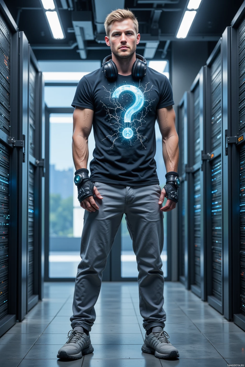 A man stands in a server room wearing a t-shirt with a glowing question mark design.