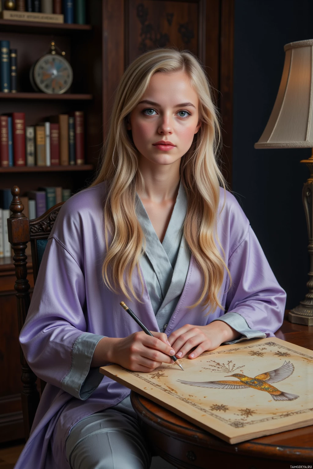 A woman in a purple robe is seated at a desk, holding a pen and looking at a drawing of a bird.