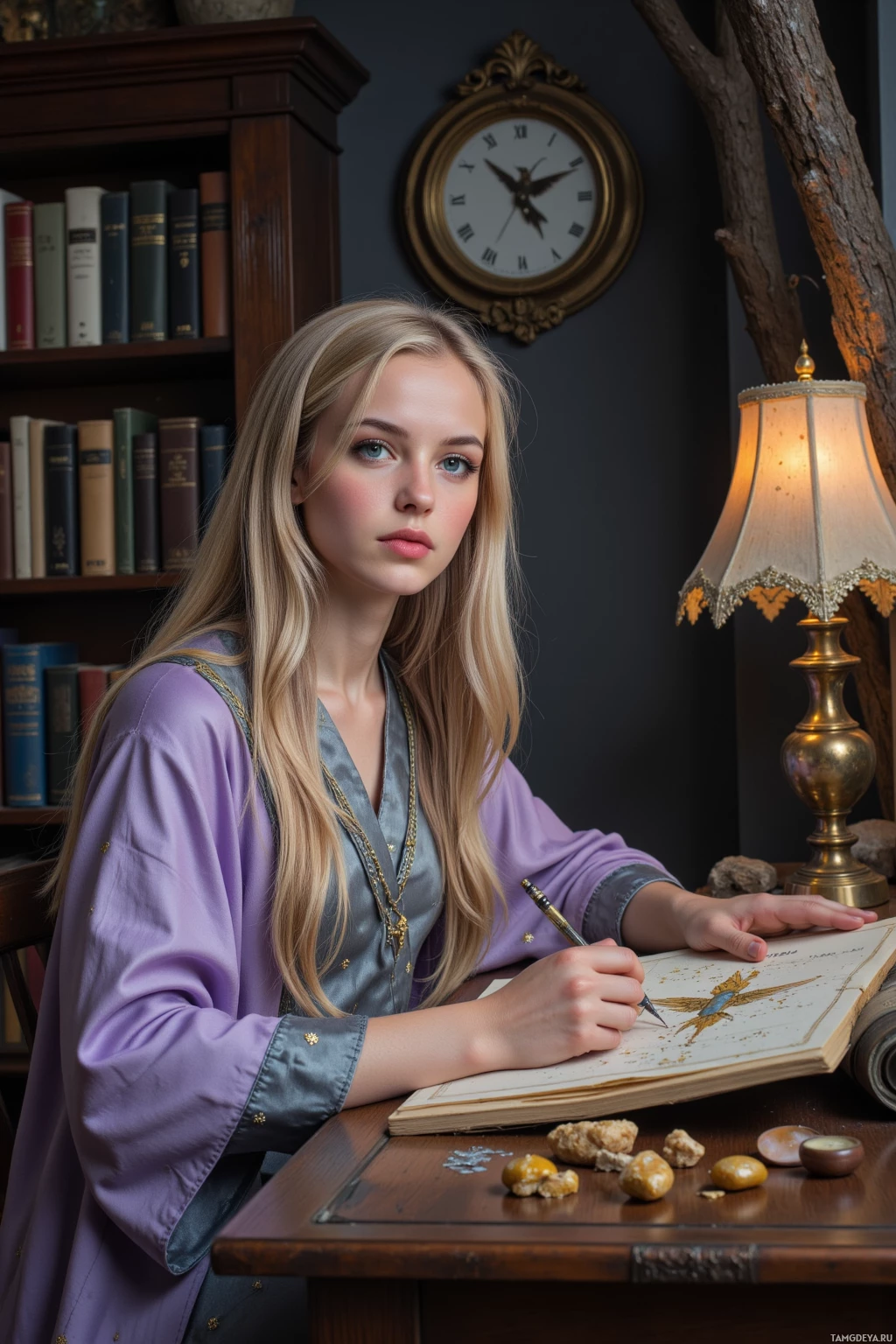 A young woman in a purple robe is seated at a desk, writing in a book with a quill pen.