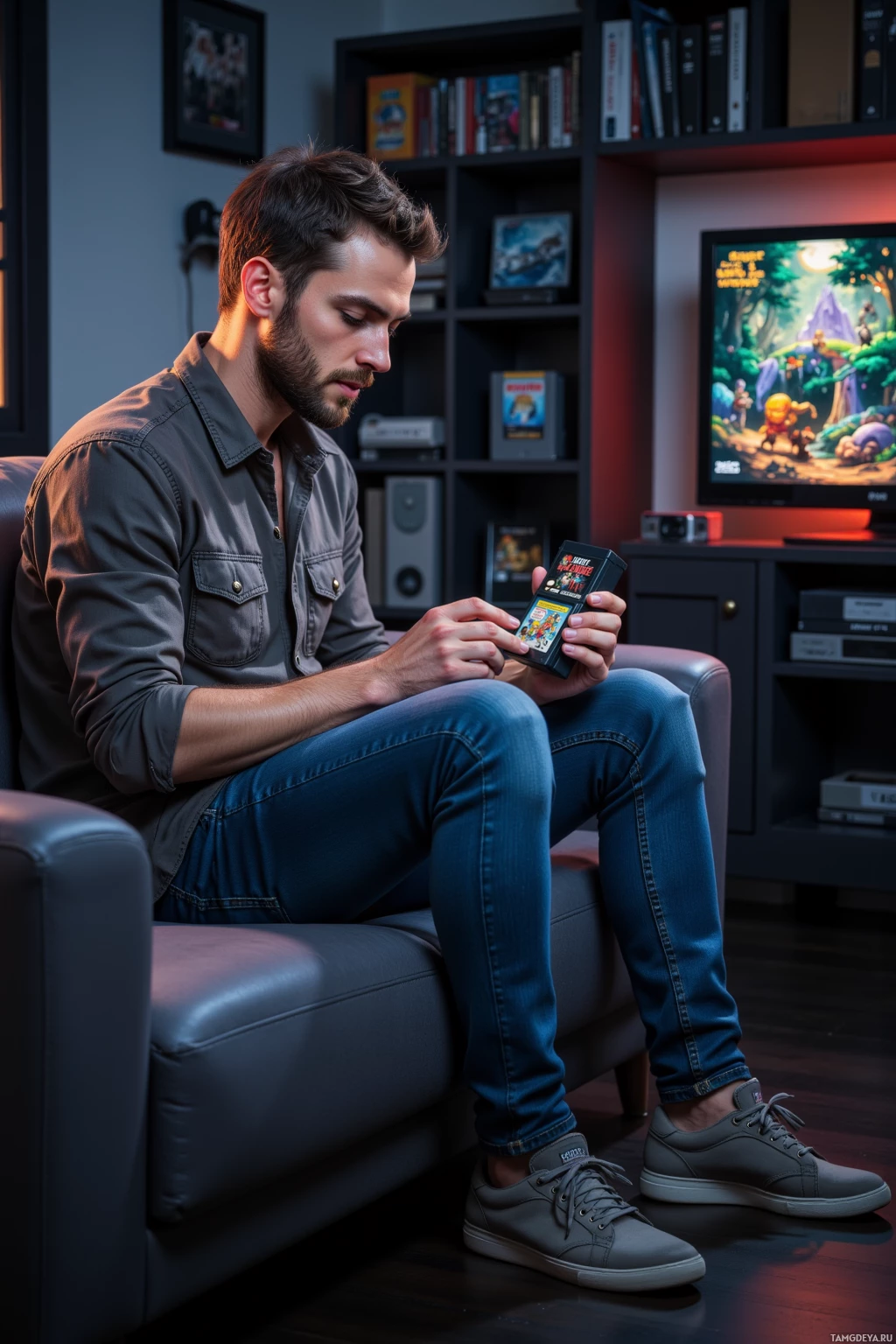 A man sits on a couch holding a handheld gaming device, with a TV screen displaying a game in the background.