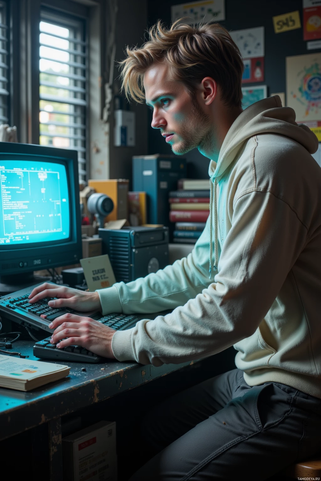A person is working at a desk with an old computer monitor, typing on a keyboard.