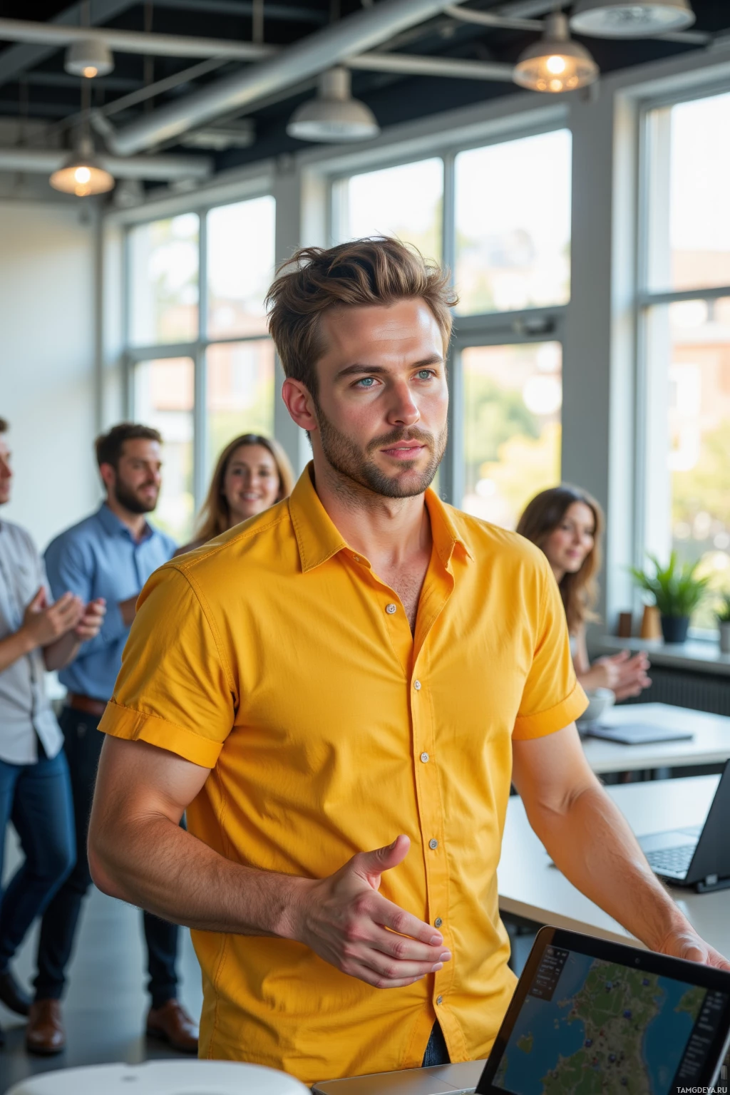 A man in a yellow shirt stands in front of a laptop, gesturing with his hands, with colleagues in the background.