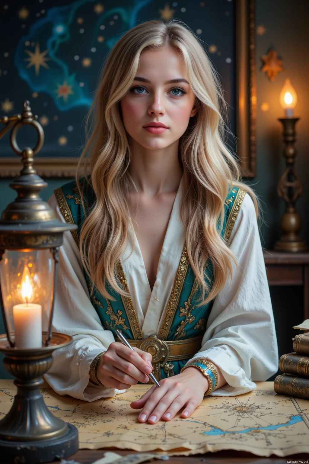 A woman in a historical-style outfit is writing on a map with a quill pen.