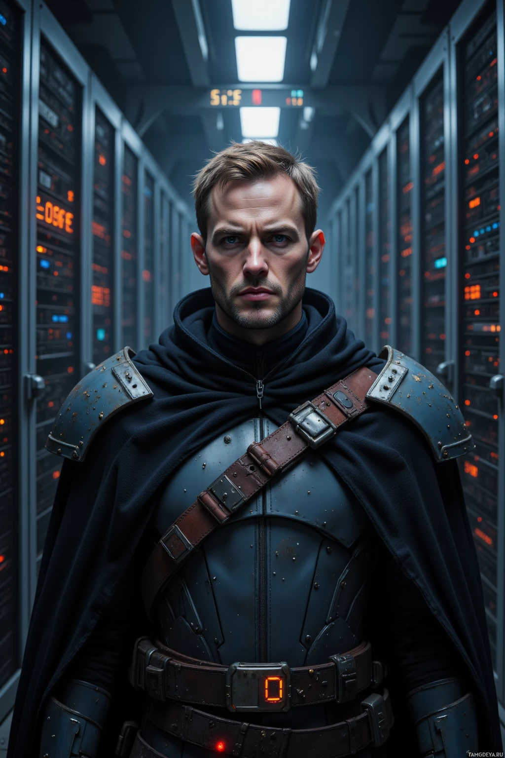 A person in futuristic armor stands in a server room.