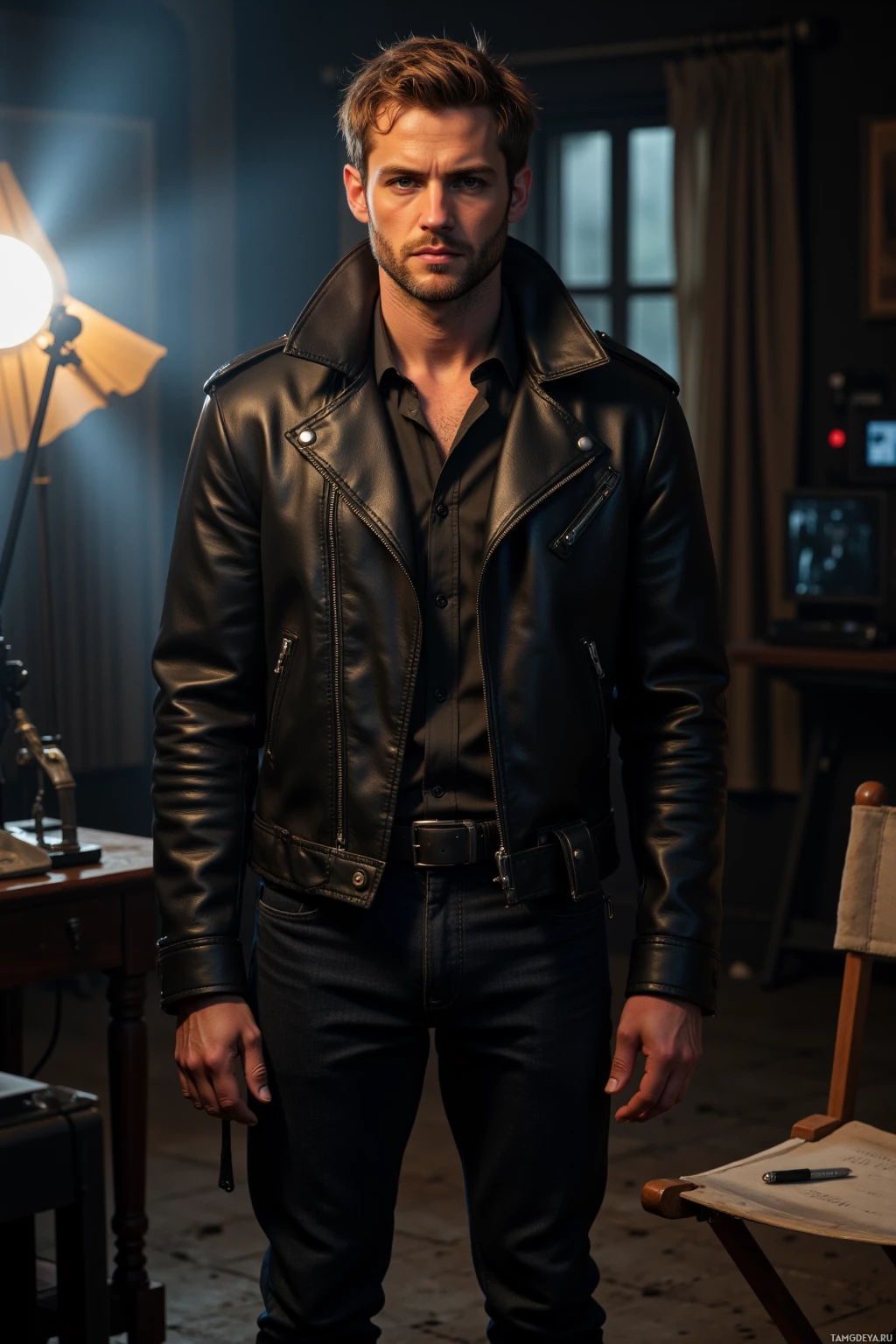 A man in a leather jacket and dark shirt stands in a dimly lit room.