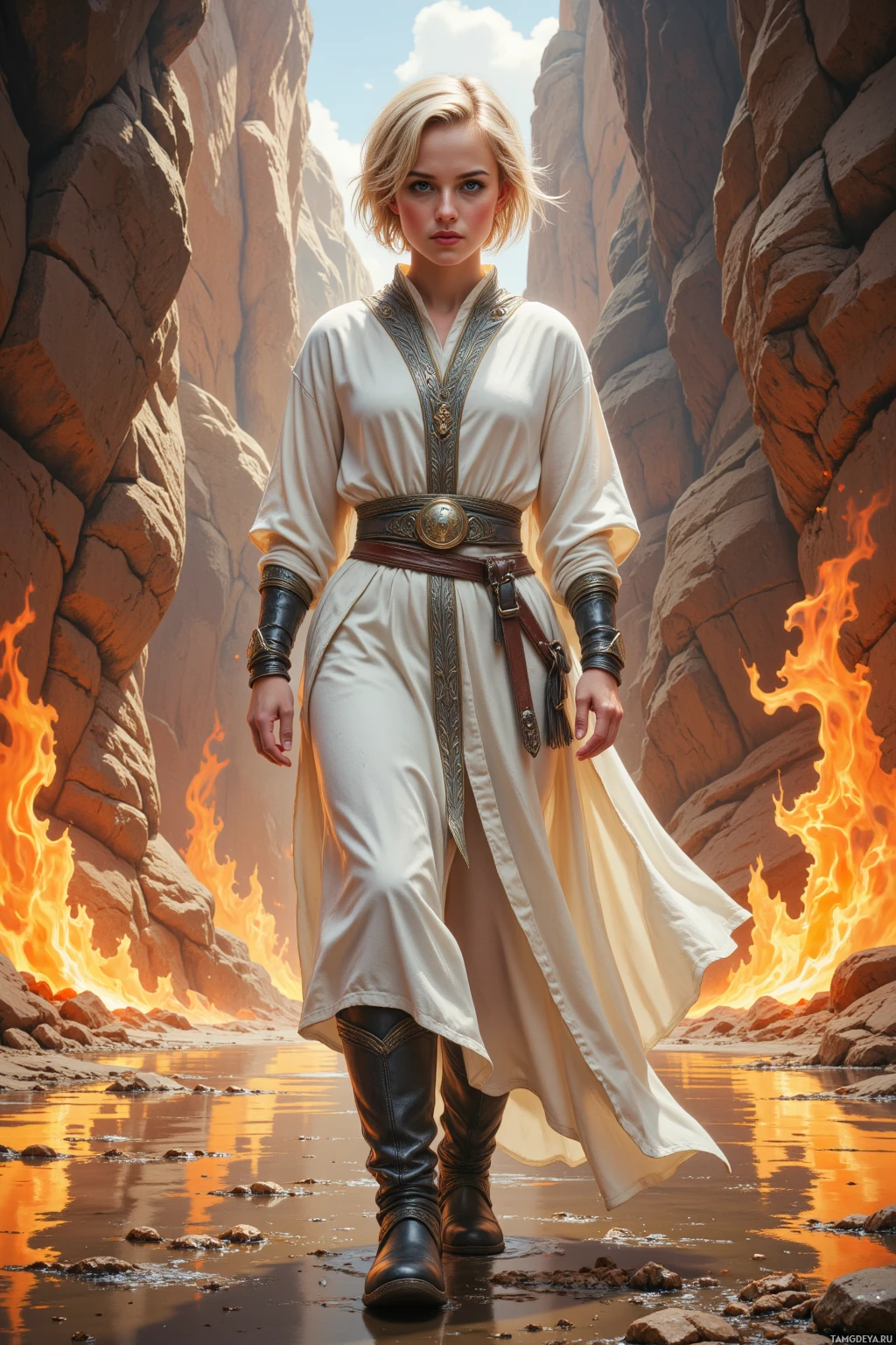 A woman in a flowing white robe stands in a rocky canyon with flames in the background.