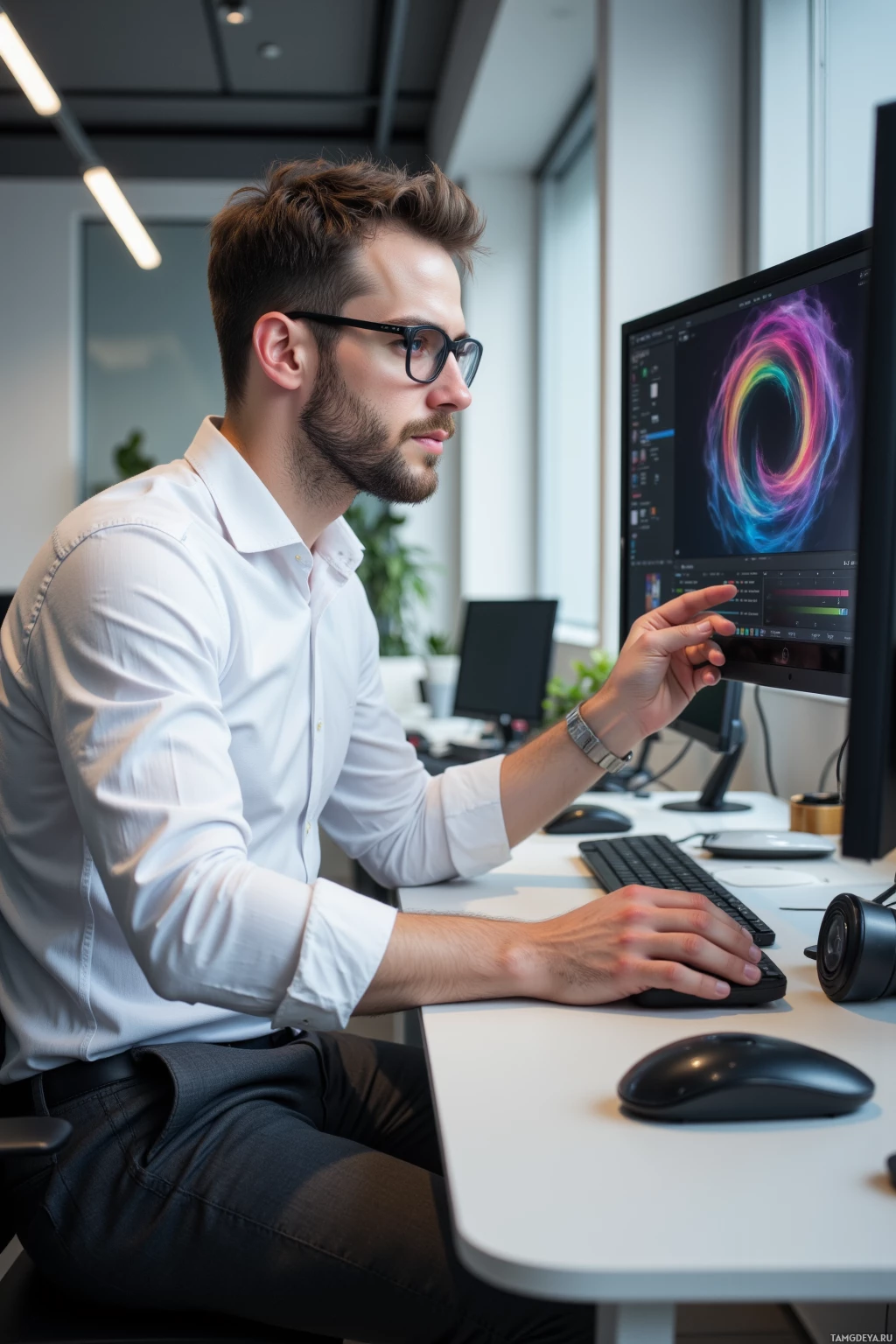 A man in a white shirt works at a computer in a modern office setting.