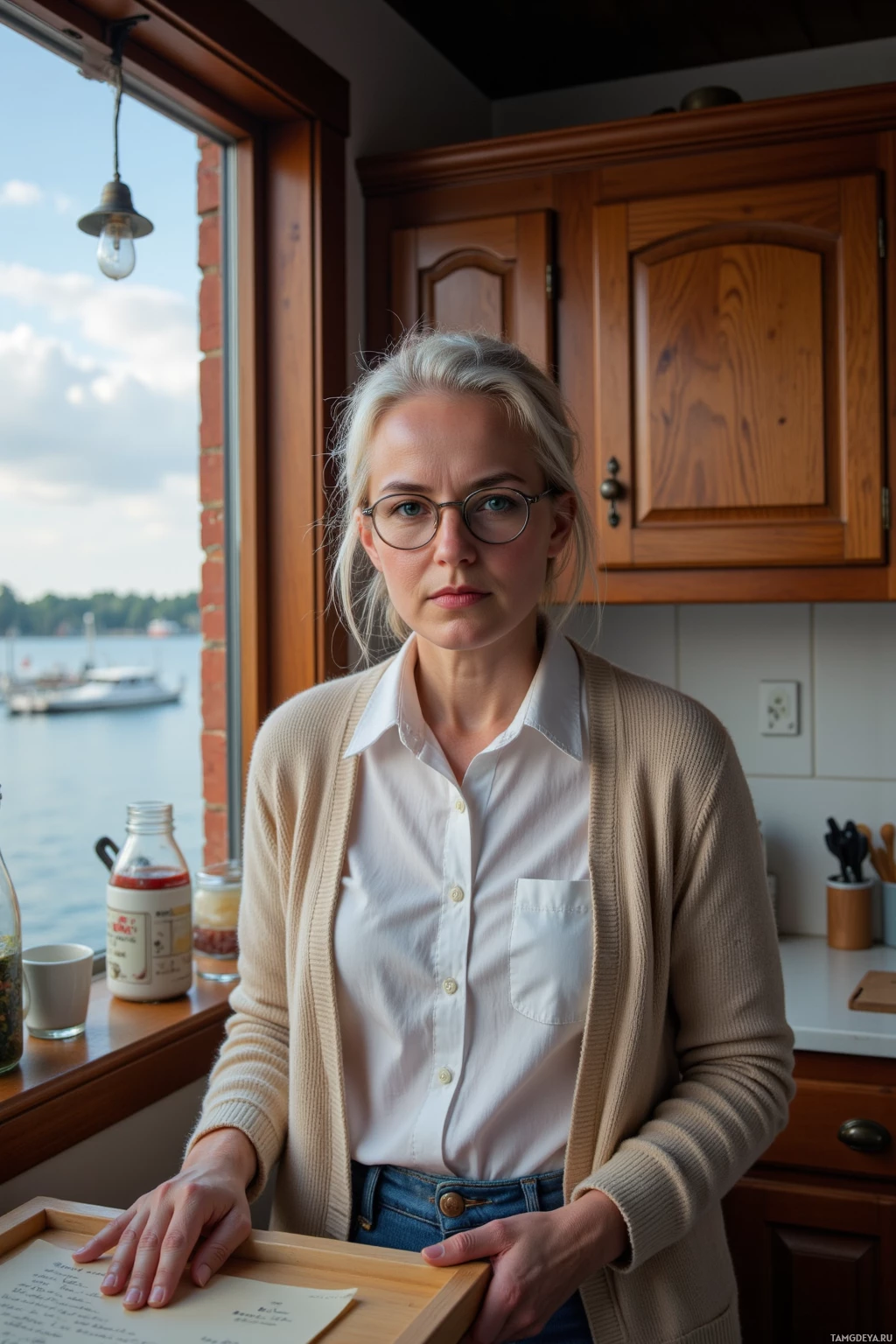 A woman stands in a kitchen by a window, holding a tray with a note on it.