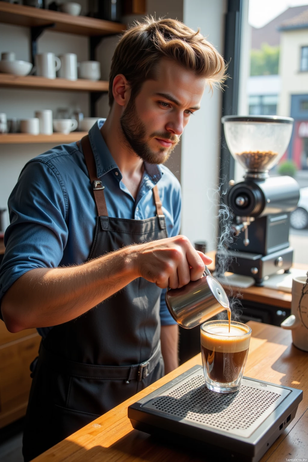A barista pours steamed milk into a cup of coffee.